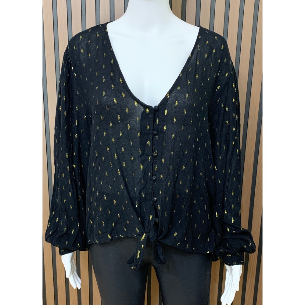 Wrangler Retro Women's XL Black Gold Metallic Clip Dot Tie Front Blouse Western